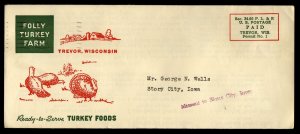 US 1955 Advertising Cover Turkey Farm Missent to Sioux City Instead Story City