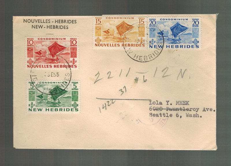 1955 New Hebrides Cover to Seattle USA French Colonial Franking # 98-101