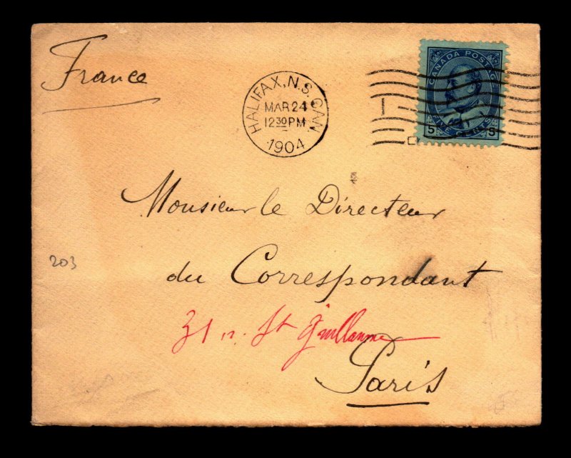 1904 Halifax Cover to Paris France - L27834