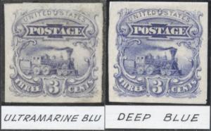 #114-E6b PLATE ON STAMP PAPER, IMPERF, GUMMED (2) DIFF. BLUE SHADES BP4045