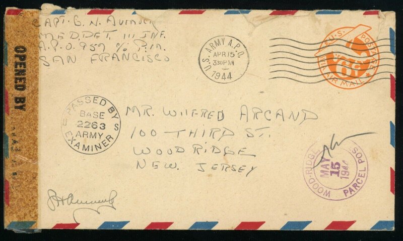 Hawaii Schofield Barracks APO #957 US Army Postal Service Airmail Cover WWII