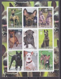 Benin, 2003 issue. Various Dogs sheet of 9. Scout Logo.