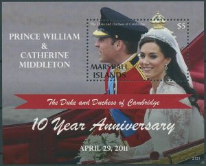 Marshall Isl 2021 MNH Royalty Stamps Prince William & Kate Wedding Anniv 1v S/S