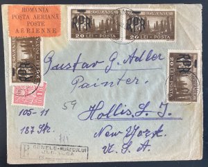 1948 Muresului Romania Registered Airmail Cover To Hollis NY USA