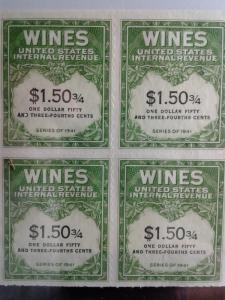 SCOTT # RE 195 MINT NEVER HINGED BLOCK OF 4 GEMS NGAI TWO LINES WINE STAMPS