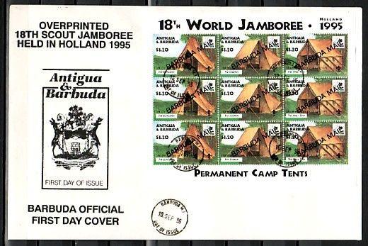 Barbuda, Scott cat. 1575 A-C. Scout Jamboree Sheet of 3 sets. Large First Day.