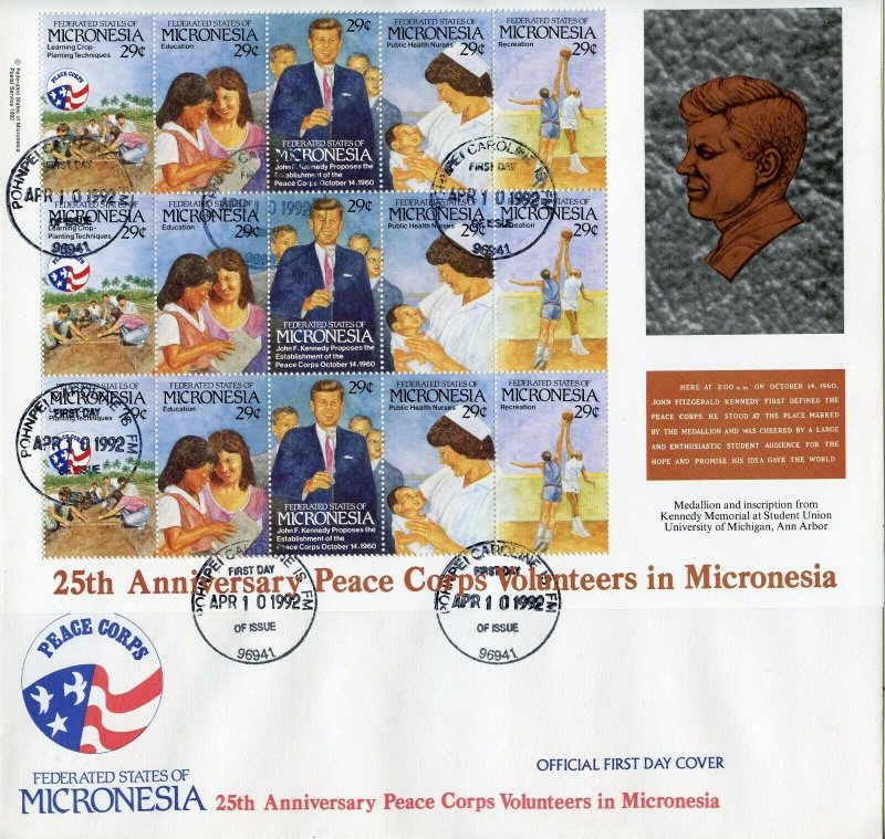 MICRONESIA 1992 25th ANNIVERSARY OF THE PEACE CORPS WITH JFK FIRST DAY COVER