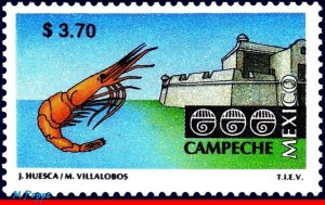 1972 MEXICO 1998 TOURISM CAMPECHE, FORT, SHRIMP, ARCHITECTURE, (3.70P), MNH