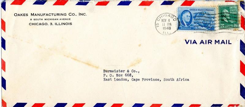 U.S. Scott 825 Prexie & 933 on Air Mail 1948 Cover to South Africa