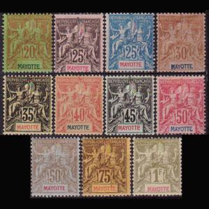 MAYOTTE 1892 - Scott# 9-19 Goddess 20c-1f 4 no gum