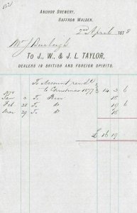 1878 DEALERS IN BRITISH AND FOREIGN SPIRITS INVOICE