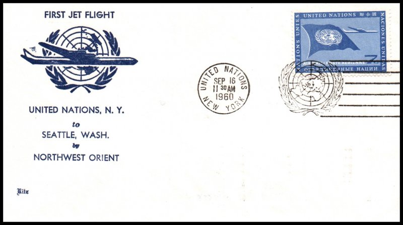 UN New York to Seattle,WA Northwest Orient First Jet Flight Cover