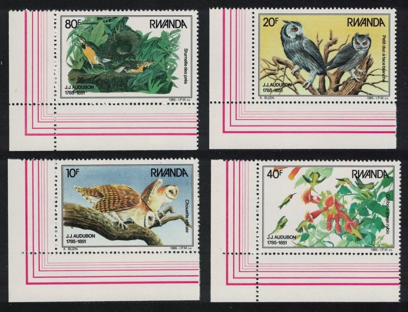 Rwanda Birds Owls Audubon 4v Corners 1985 MNH SC#1226-1229 SG#1237-1240