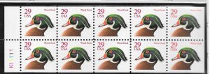 US#2485a  $0.29 Wood Duck red lettering BK pane of10 (MNH)never folded CV $11.00