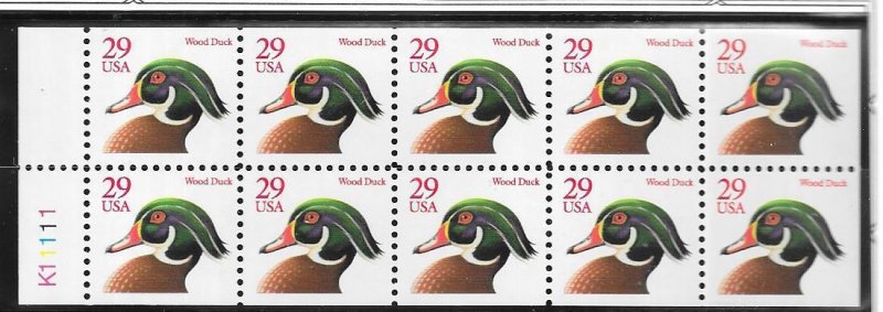 US#2485a  $0.29 Wood Duck red lettering BK pane of10 (MNH)never folded CV $11.00