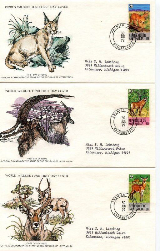 UPPER VOLTA 1979 WWF WORLD WILDLIFE GROUP OF THREE FIRST DAY COVERS 