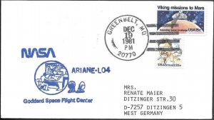 US Space Cover 1981. Rocket Ariane 1 LO4 Launch Greenbelt Goddard SFC Tracking