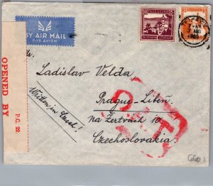 1935 Tel Aviv Palestine Censored Air Mail Oat  Cover to Prague Czechoslovakia