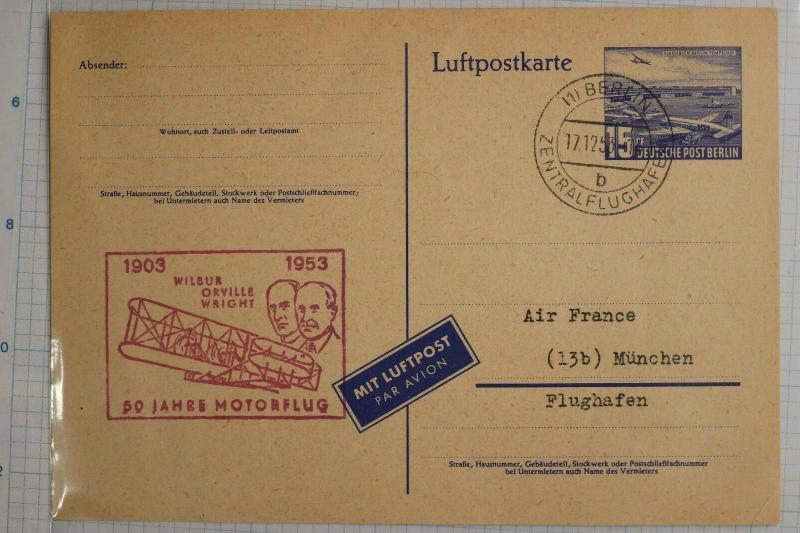 Germany Postcard airmail Berlin airport P16b official 1953 Wright bros flight DC