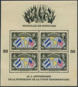 Honduras C99.MNH.Michel Bl.1A. Pan American Union,50th Ann.1940.Map,Flags.