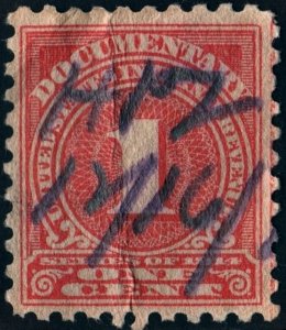 R207 1¢ Documentary Stamp (1914) Used/Crease