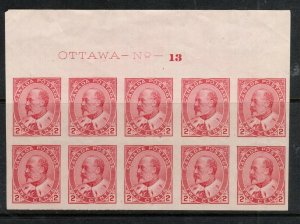 Canada #90a Very Fine Never Hinged Plate #13 Upper Block Of Ten