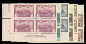 Canada #268-273 Cat$506.50, 1946 8c-$1, complete set in plate blocks of four,...