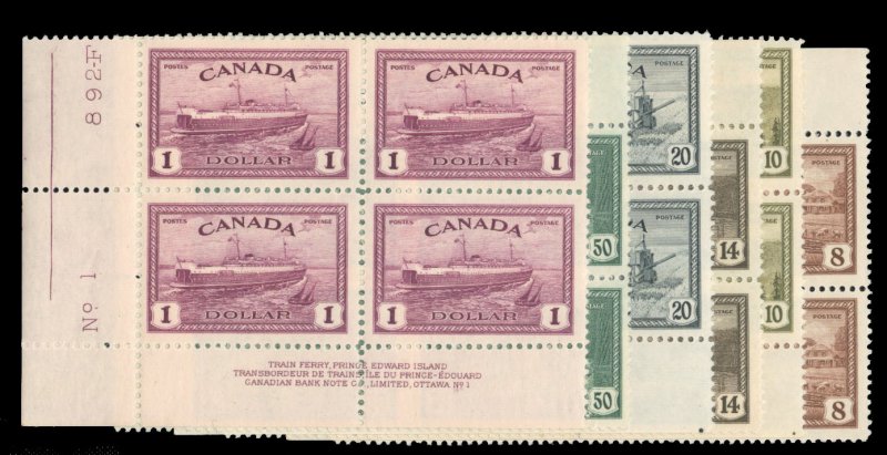 Canada #268-273 Cat$506.50, 1946 8c-$1, complete set in plate blocks of four,...