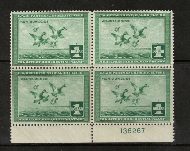 USA #RW4 Mint Fine - Very Fine Never Hinged Plate Block - Light Natural Gum Bend