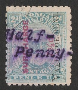 TONGA 1896 Type-written 'Half-Penny' on 7½d on 2d, reading up, perf 12x11 