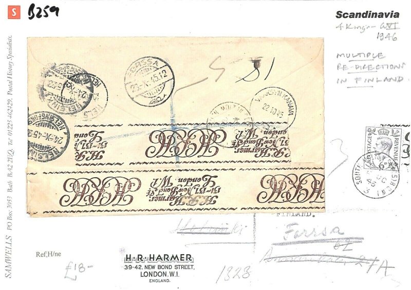 GB Cover FINLAND KGVI 6d Harmers Tape MULTIPLE RE-DIRECTIONS 1946 {samwells}B259