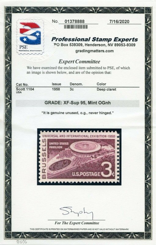 US SCOTT #1104, Mint-XF-Sup-OG-NH Graded 95 PSE Cert SMQ $25 (GARY 8/26/20)