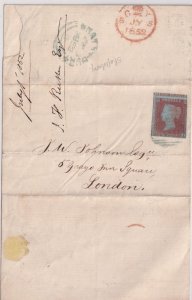 GB # 3 IMPERF PENNY RED ON SHAFTESBURY TO LONDON 1852 COVER FACE FREE CANCEL