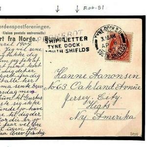 GB SHIP LETTER *Tyne Dock South Shields* (Rob.S1) Norway PPC 1907 Cover 379b