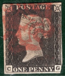 GB PENNY BLACK QV 1840 Stamp SG.2 1d Plate 2 (CG) Used Red MX Cat £375- REDB148