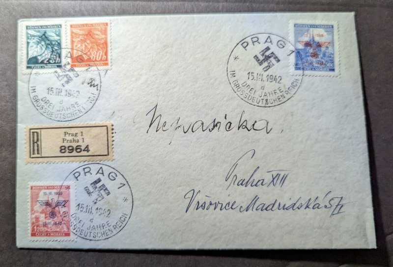 1942 Registered Bohemia and Moravia Cover Prague Czechoslovakia Local Use