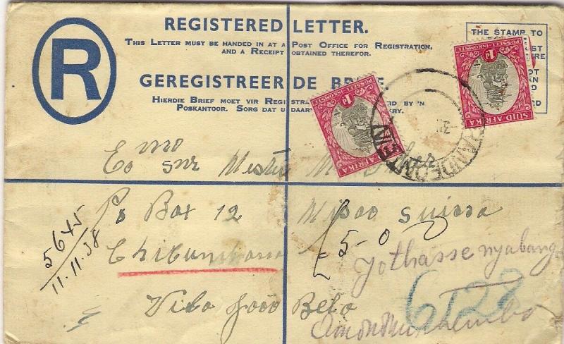 South Africa 1938 4d Registered Postal Stationery Env. RANDFONTEIN to MOZAMBIQUE