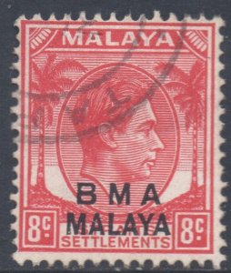 Malaya Straits Setts Scott 261 - SG7a, 1945 BMA Overprint 8c Die II used