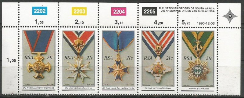 SOUTH AFRICA, 1990, MNH Strip of 5, National Decorations Scott 801b