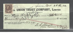 CANADA 1920 BK of N. SCOTIA,WINNEPEG, MANITOBA #108,ON CHEQUE PAY IN Cnd.$$