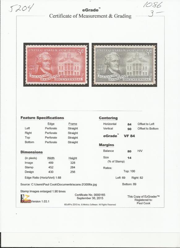 # 1086 MINT NEVER HINGED ALEXANDER HAMILTON     VF+