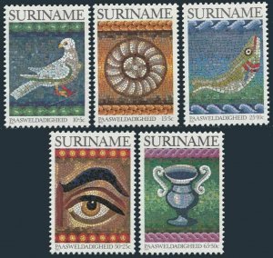 Surinam B299-B303,MNH. Michel 1021-1025. Easter 1983.Mosaic symbols:Dove,Bread,