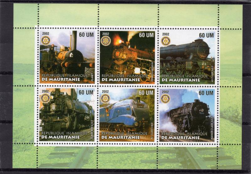 Mauritania 2002  Trains-Locomotives-Rotary International 5 Sheetlets of 6 MNH