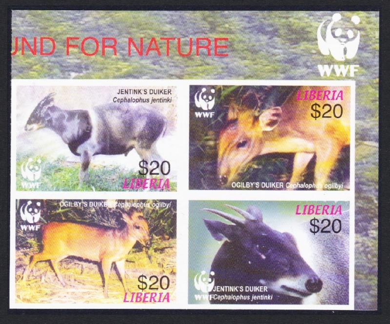 Liberia WWF Duikers Top Right block 2*2 WWF Logo Imperf SC#2370 a-d MI#5100-5103