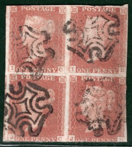 GB QV 1841 Penny Red SG.8 1d Plate 21 (IC-JD) BLOCK{4} Used MXs Cat £850 REDS143