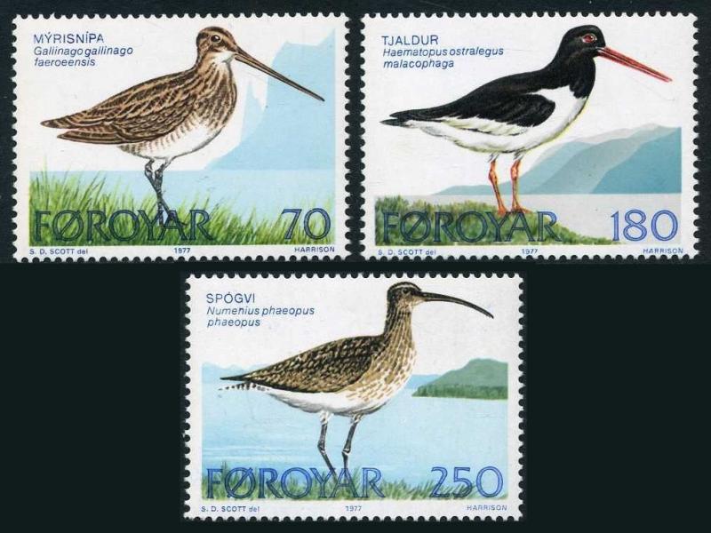 Faroe 28-30,MNH.Michel 28-30. Birds 1977.Common Snipe,Oyster-catcher,Whimbnei.