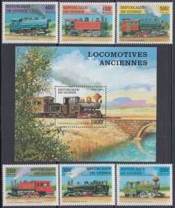 GUINEA Sc# 1450-6  CPL MNH SET of 6 and SOUVENIR SHEET of STEAM LOCOMOTIVES