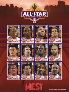 Liberia 2009 - NBA ALL STARS WESTERN CONFERENCE - Kobe, Shaq - Sheet of 12 - MNH