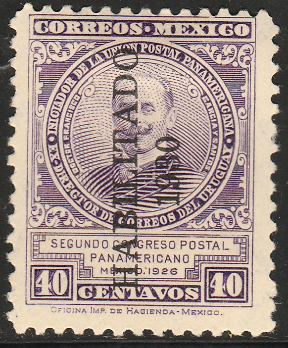 MEXICO 673, 40¢ HABILITADO 1930 PAN-AMERICAN POSTAL CONGRESS. UNUSED H OG, VF.