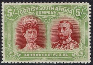 RHODESIA 1910 KGV DOUBLE HEAD 5/- SCARLET AND PALE YELLOW - GREEN PERF 14